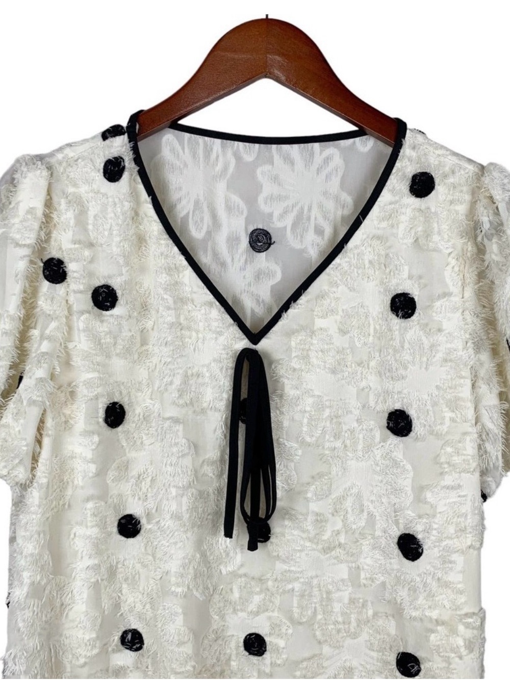Ivory Polka Dot Puff Sleeve Blouse with Black Trim - Picture 2 of 5